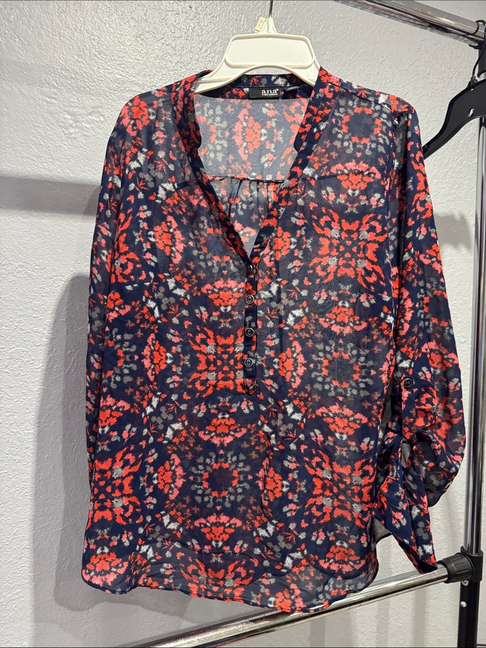 a.n.a Navy Floral V-Neck Button Blouse with Coral Accents
